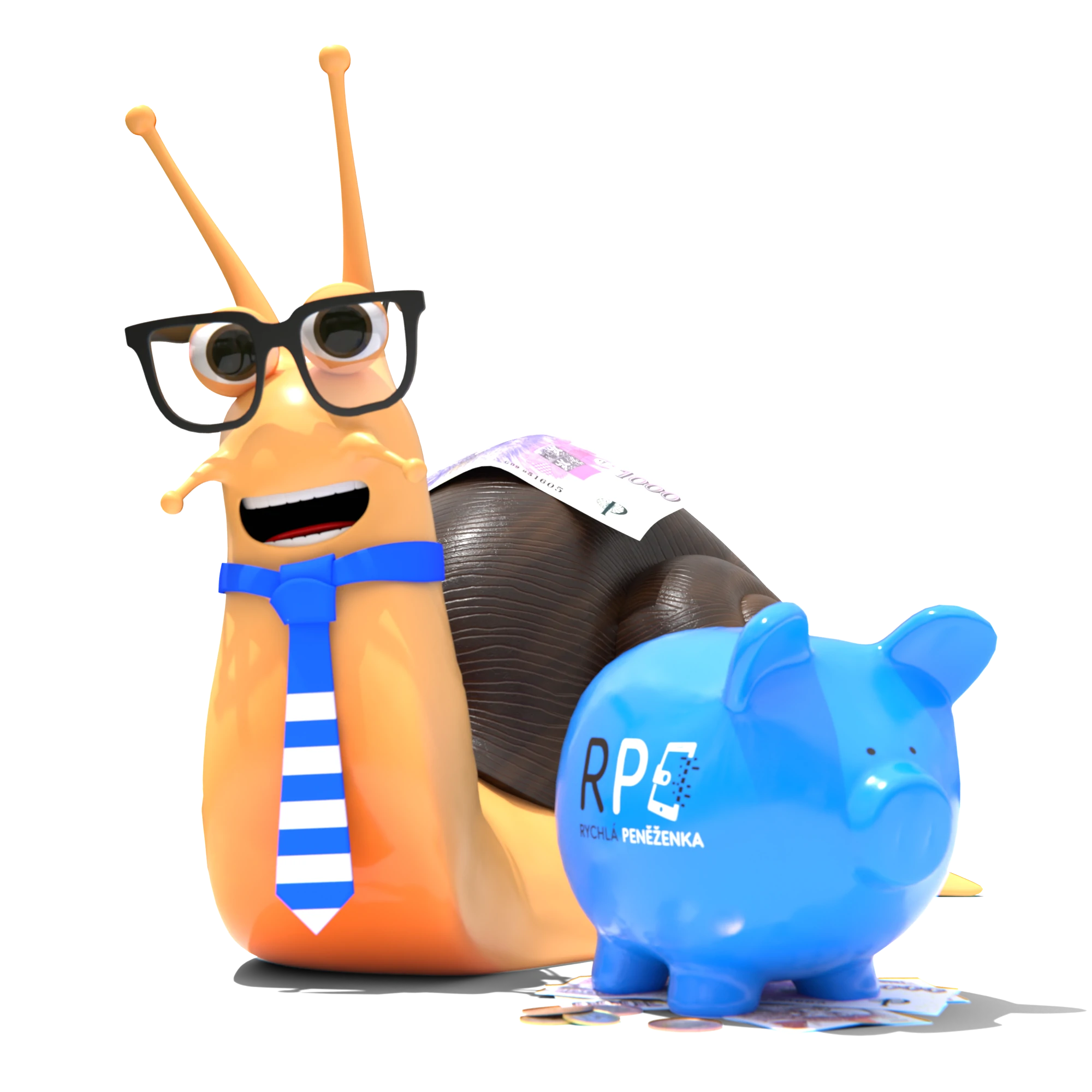 Maskot Hugo s pokladničkou ve tvaru prasátka